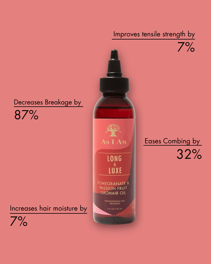 Flasche 'As I Am Long & Luxe' Haarprodukt mit Text auf rosa Hintergrund