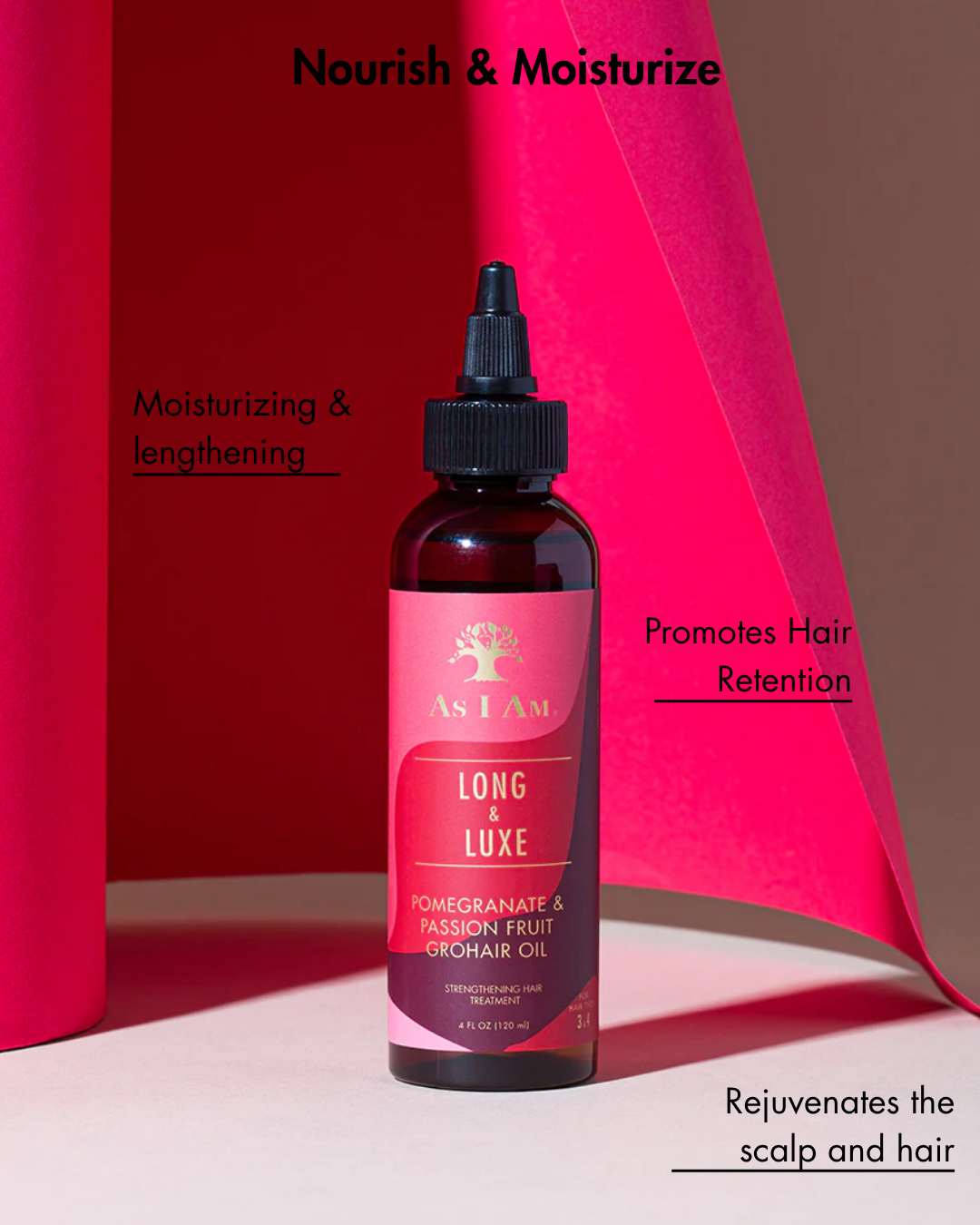 Flasche As I Am Long Luxe Haaröl mit Text, der die Vorteile auf einem roten und braunen Hintergrund hervorhebt