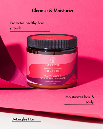Tiegel mit Haarpflegeprodukt mit rosa Hintergrund und Text über die Vorteile der Haarpflege