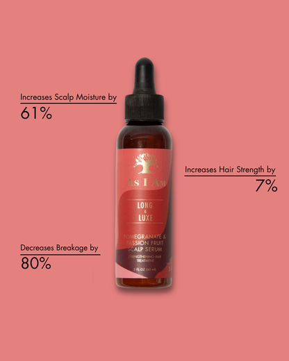 Flasche mit Haarserum mit Text auf rosa Hintergrund