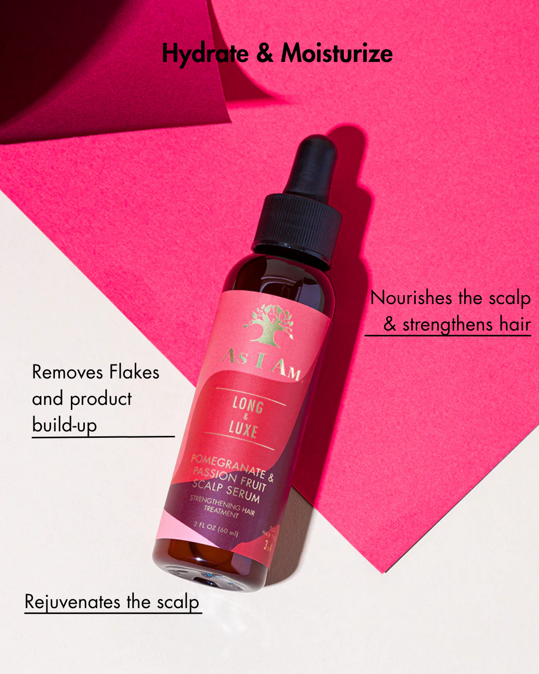 Flasche mit Kopfhautserum mit rosa Etikett auf einem rosa Hintergrund