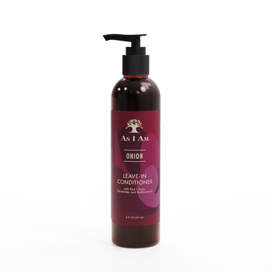 Flasche As I Am Onion Leave-In Conditioner auf einem weißen Hintergrund