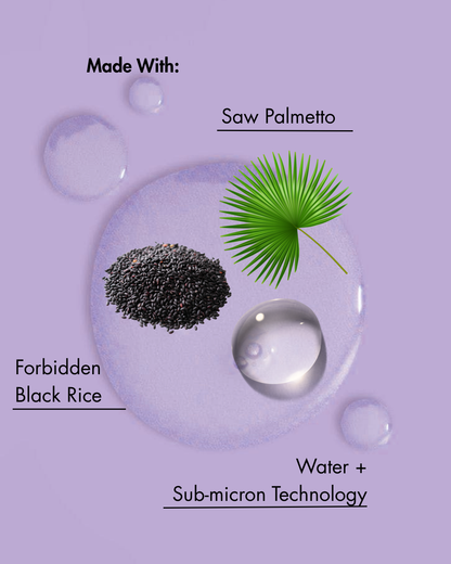 In einem Produkt verwendete Inhaltsstoffe auf violettem Hintergrund mit Wassertropfen.
