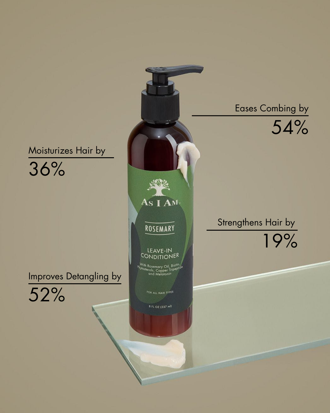 As I Am Rosemary Leave-In Conditioner Flasche mit Anwendungsvorteilen auf einem beigen Hintergrund