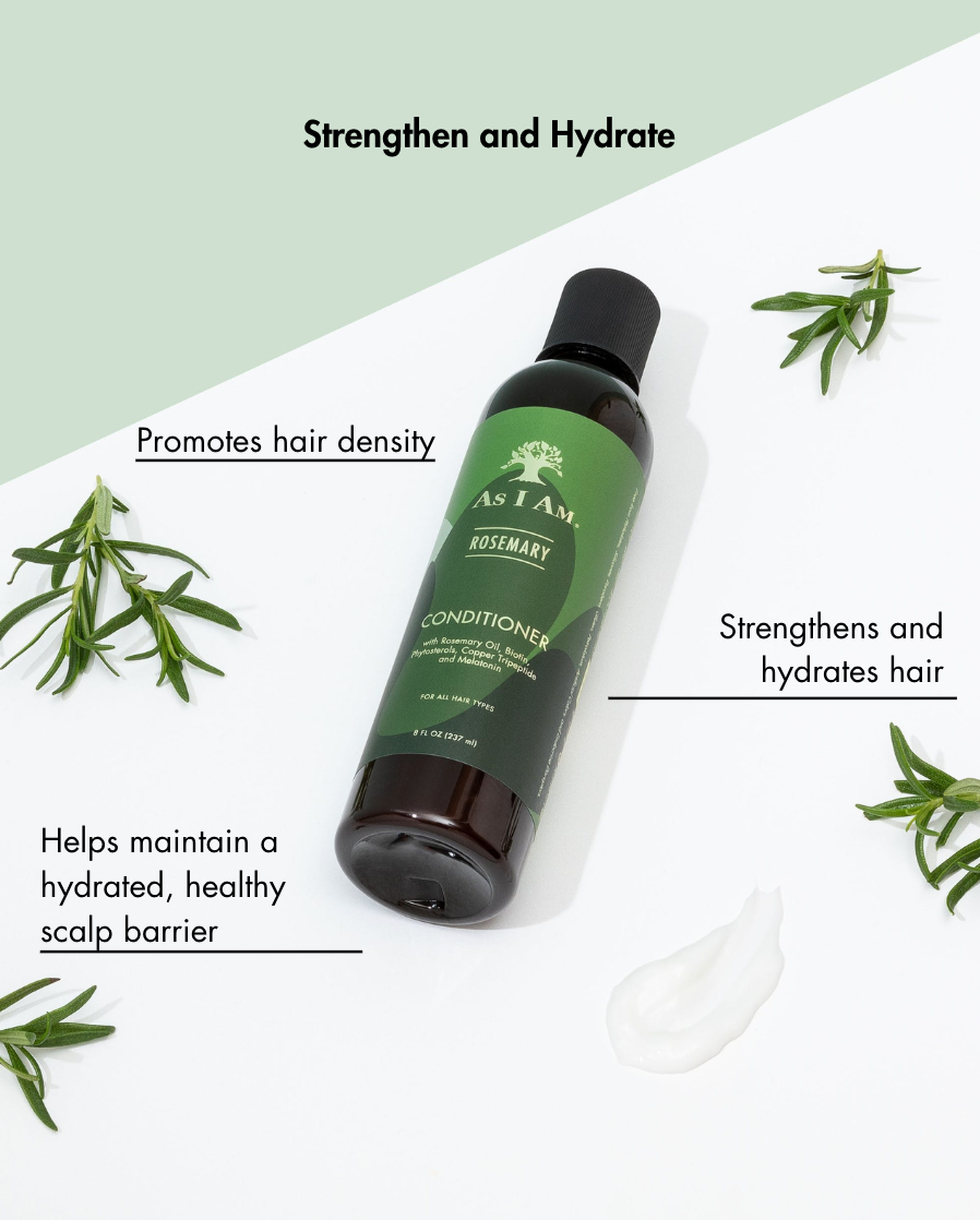 As I Am Rosemary Conditioner Flasche mit Text auf einem weißen und grünen Hintergrund