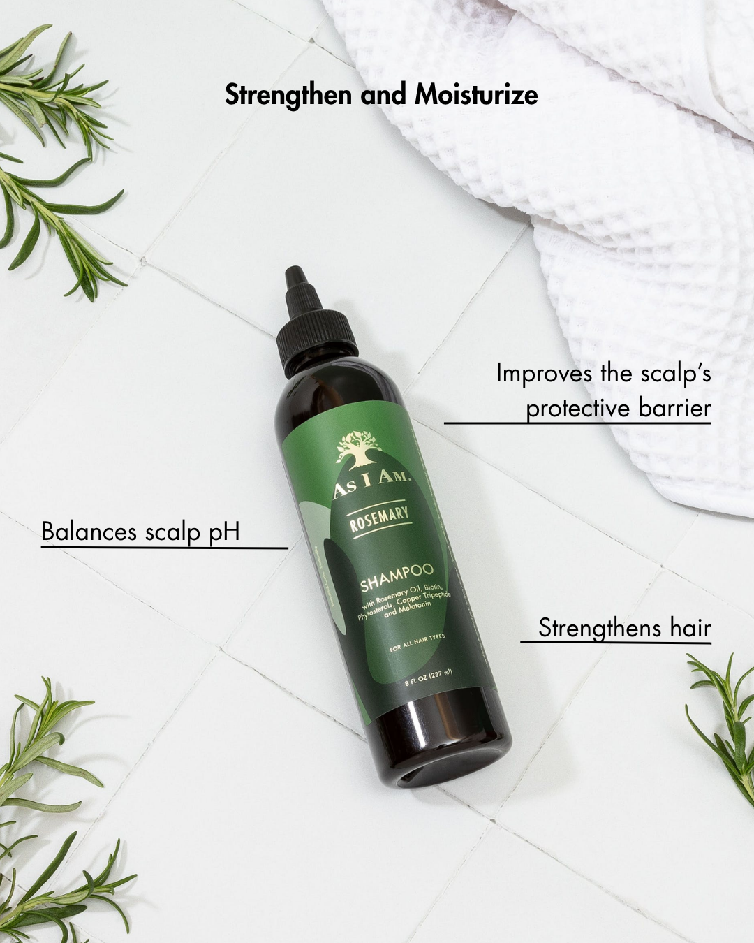 As I Am Rosemary Shampoo-Flasche mit Text, der die Vorteile auf einem weißen Hintergrund hervorhebt