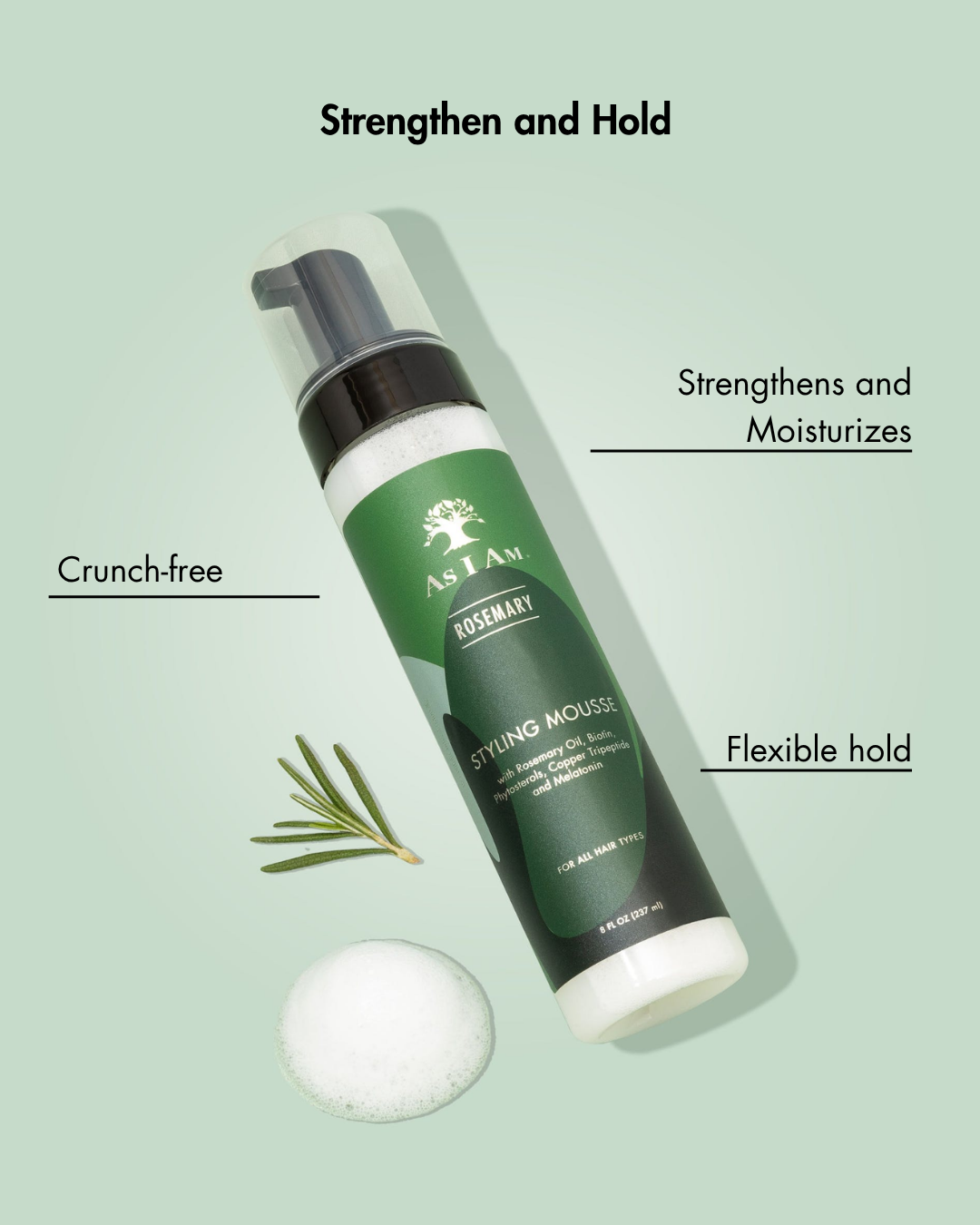 Grüne Styling-Mousse-Flasche mit Text auf hellgrünem Hintergrund