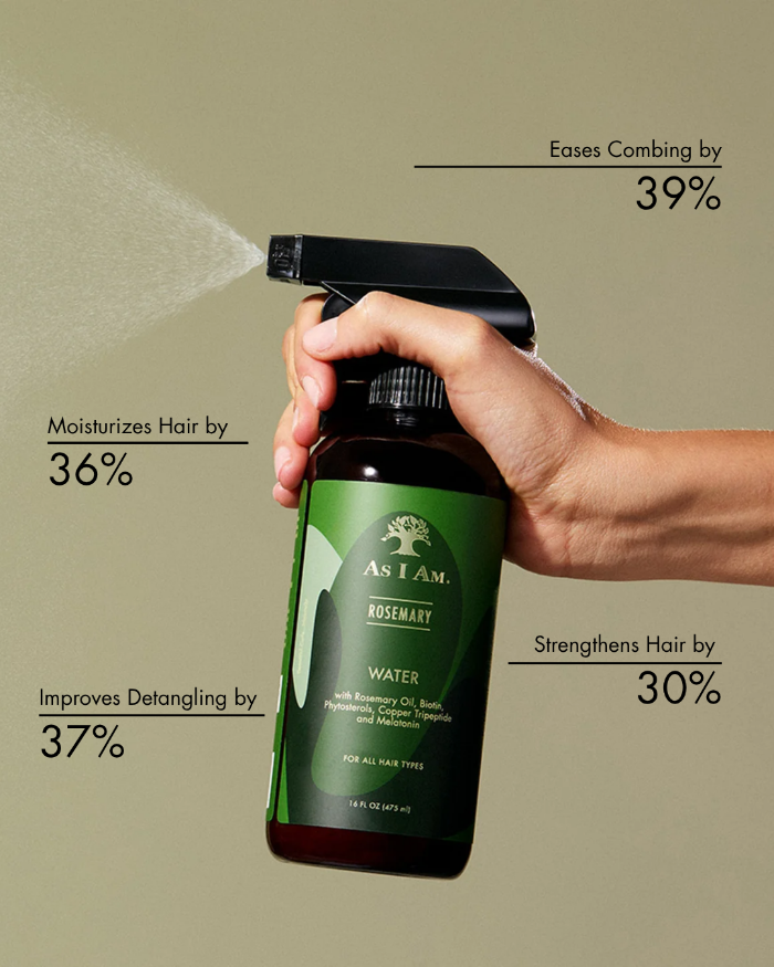 Eine Hand hält eine grüne Flasche des Haarprodukts As I Am mit einem Text über die Vorteile vor einem beigen Hintergrund