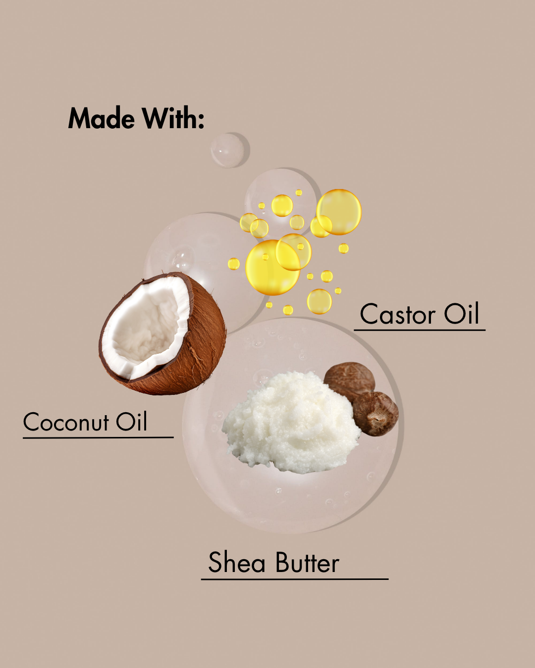 Illustration von Kokosnussöl, Rizinusöl und Sheabutter mit Etiketten auf einem beigen Hintergrund.