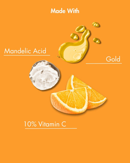 Produktbestandteile auf orangefarbenem Hintergrund mit Mandelsäure, Gold und Vitamin C.