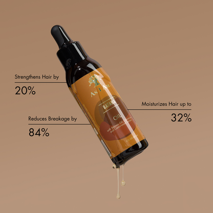 Haaröl-Tropfflasche mit Text auf braunem Hintergrund