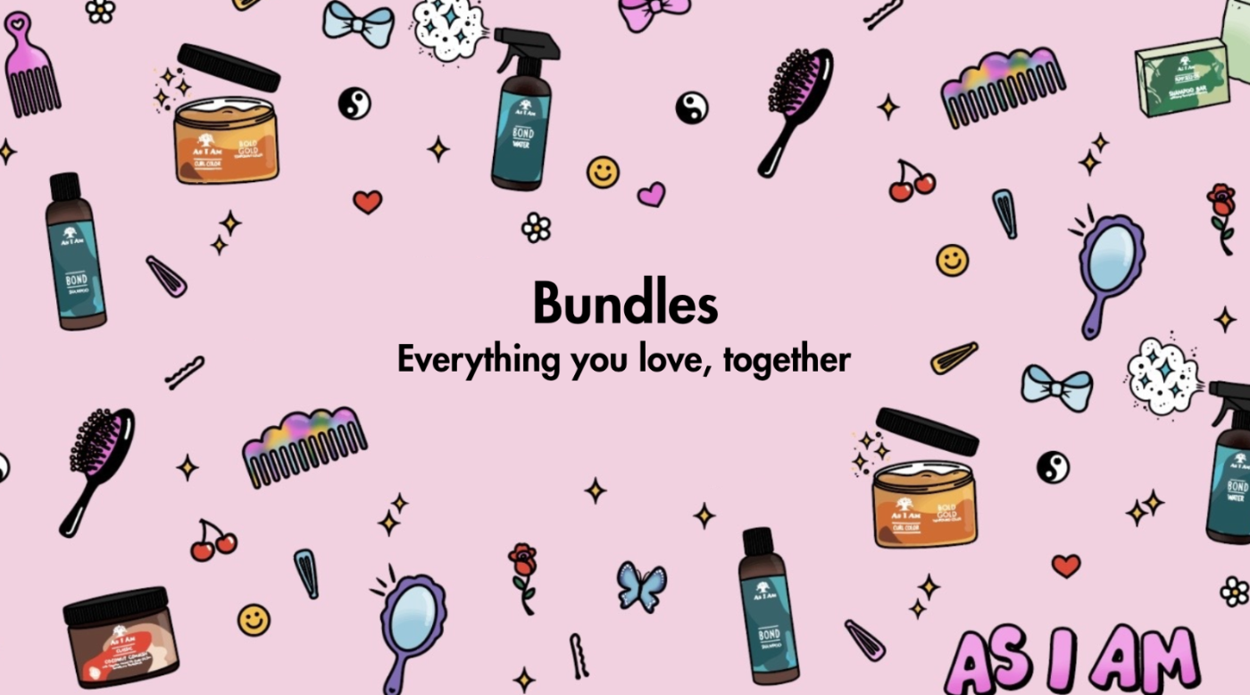 Rosa Hintergrund mit verschiedenen Schönheitsprodukten und dem Markenzeichen „AS I AM“.