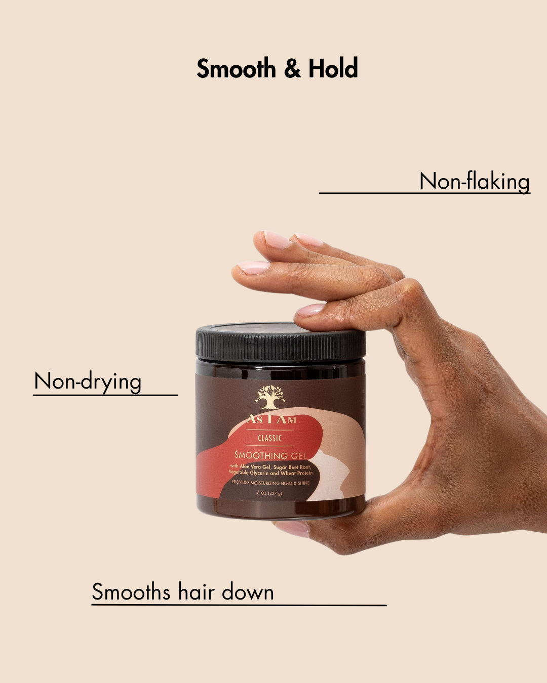 Hand, die ein Glas mit einem Haarprodukt hält, mit Text, der Merkmale auf einem beigen Hintergrund hervorhebt