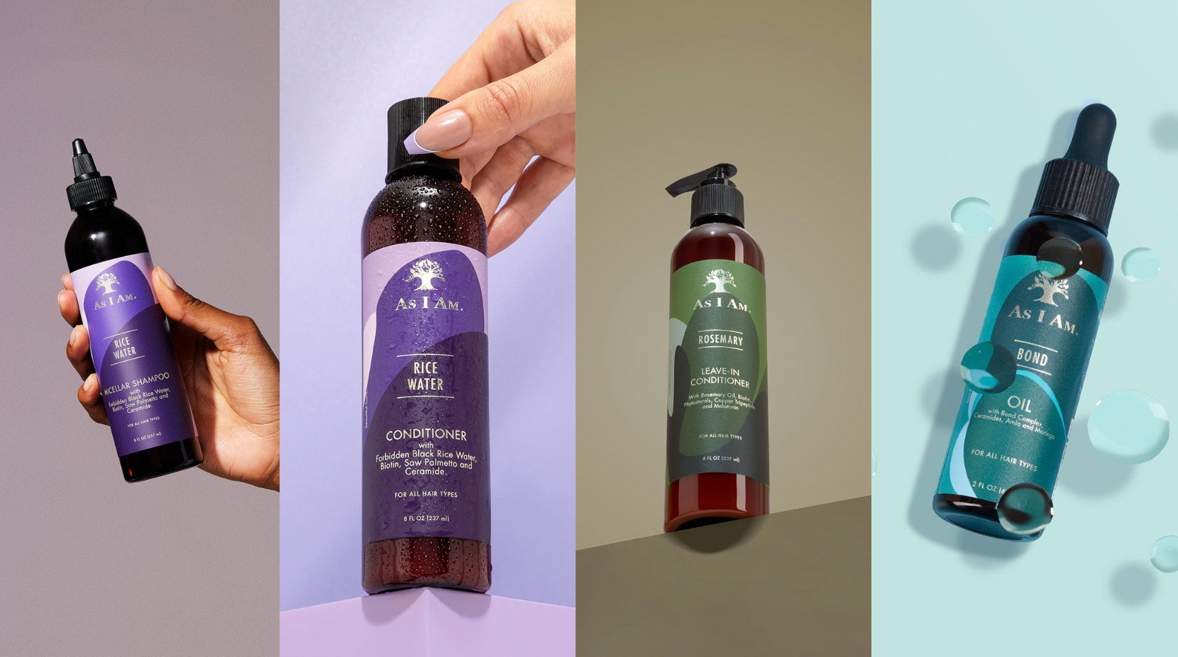 Kollektion von Haarpflegeprodukten, darunter Shampoo, Conditioner und Öl.