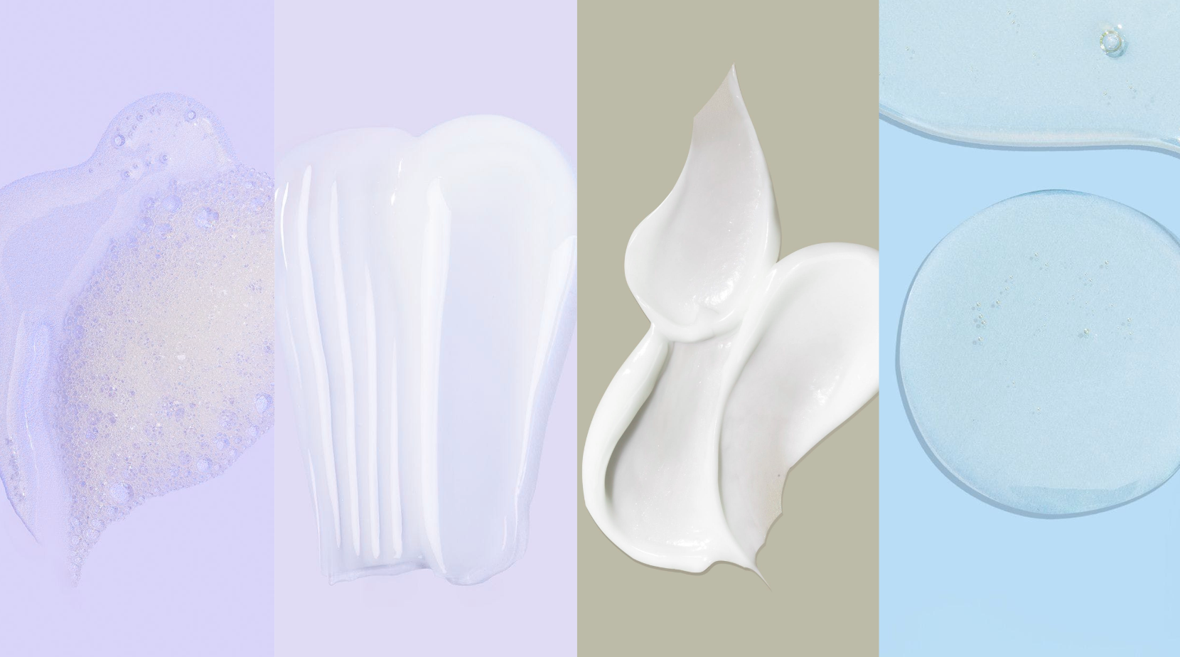 Nahaufnahme von weißer Creme oder Lotion auf einer strukturierten Oberfläche mit hellviolettem Hintergrund