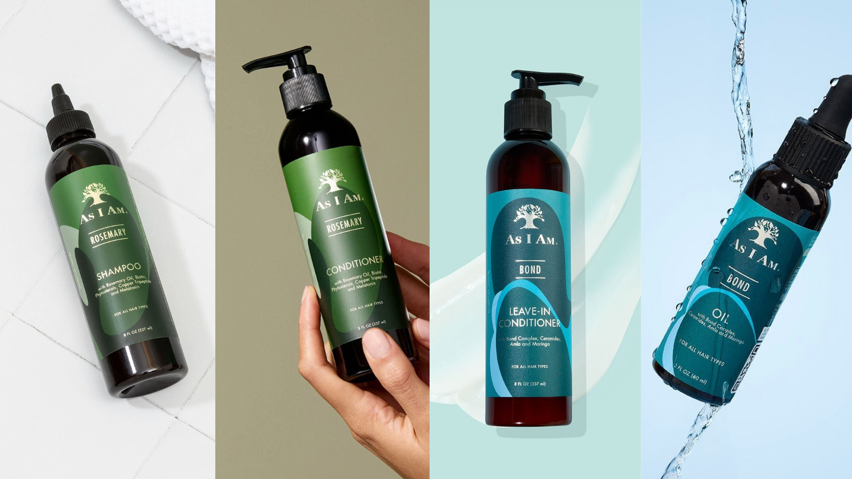 Set mit Haarpflegeprodukten, darunter Shampoo, Conditioner und Öl, mit sichtbarem Branding auf neutralem Hintergrund.