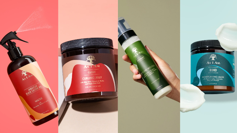 Kollektion von „as i am“-Haarpflegeprodukten auf mehrfarbigem Hintergrund