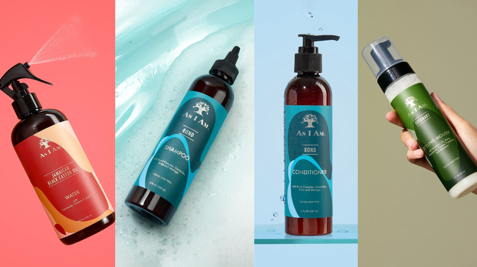 Kollektion der Haarpflegeprodukte von As I Am vor einem farbenfrohen Hintergrund