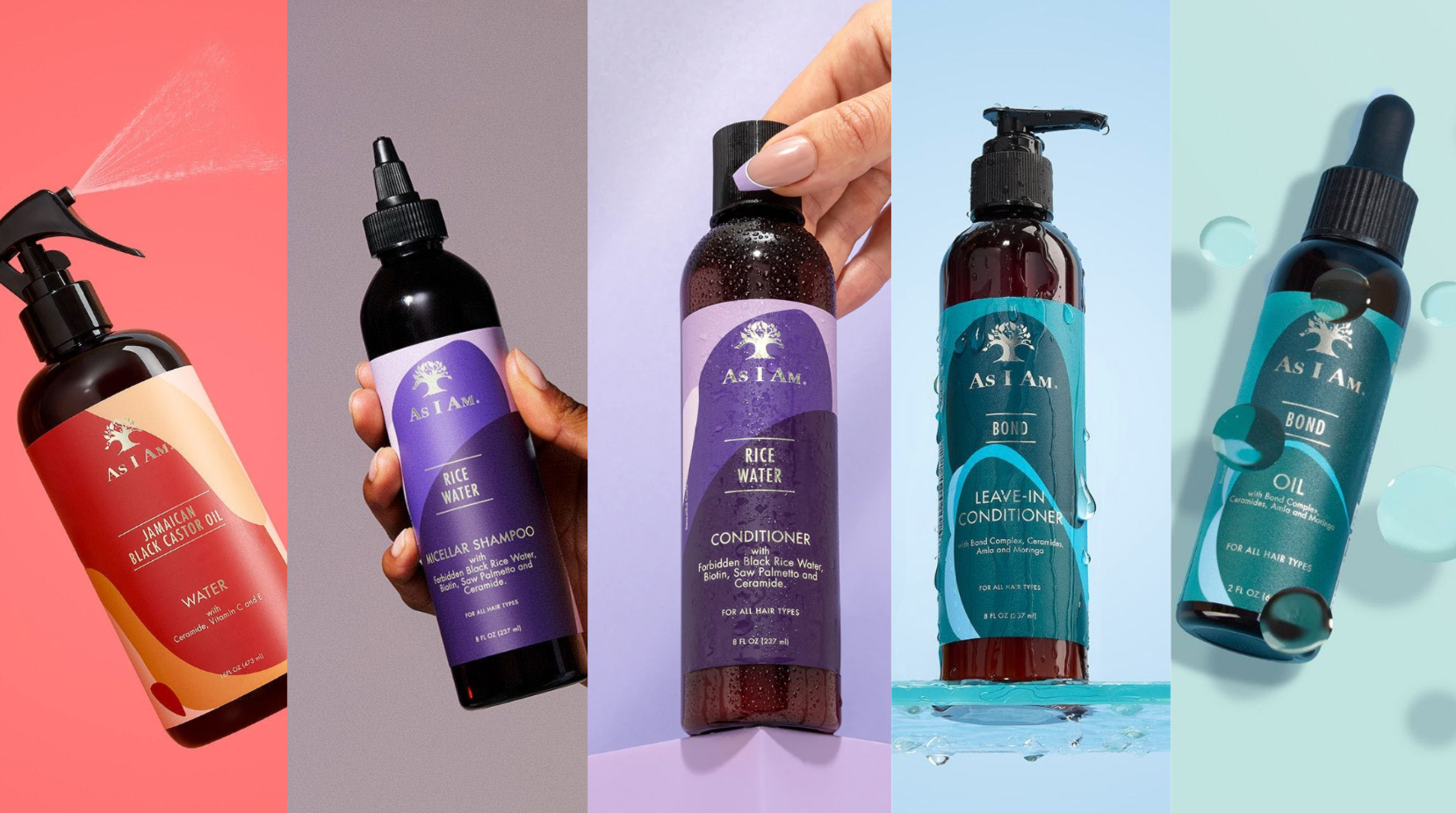 Kollektion der Haarpflegeprodukte von As I Am vor einem farbenfrohen Hintergrund