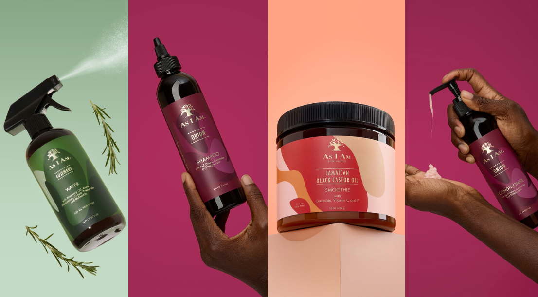 Sammlung von Haarpflegeprodukten, darunter eine Sprühflasche, eine Flasche, ein Tiegel und eine Hand, die ein Produkt auf einem bunten Hintergrund hält.