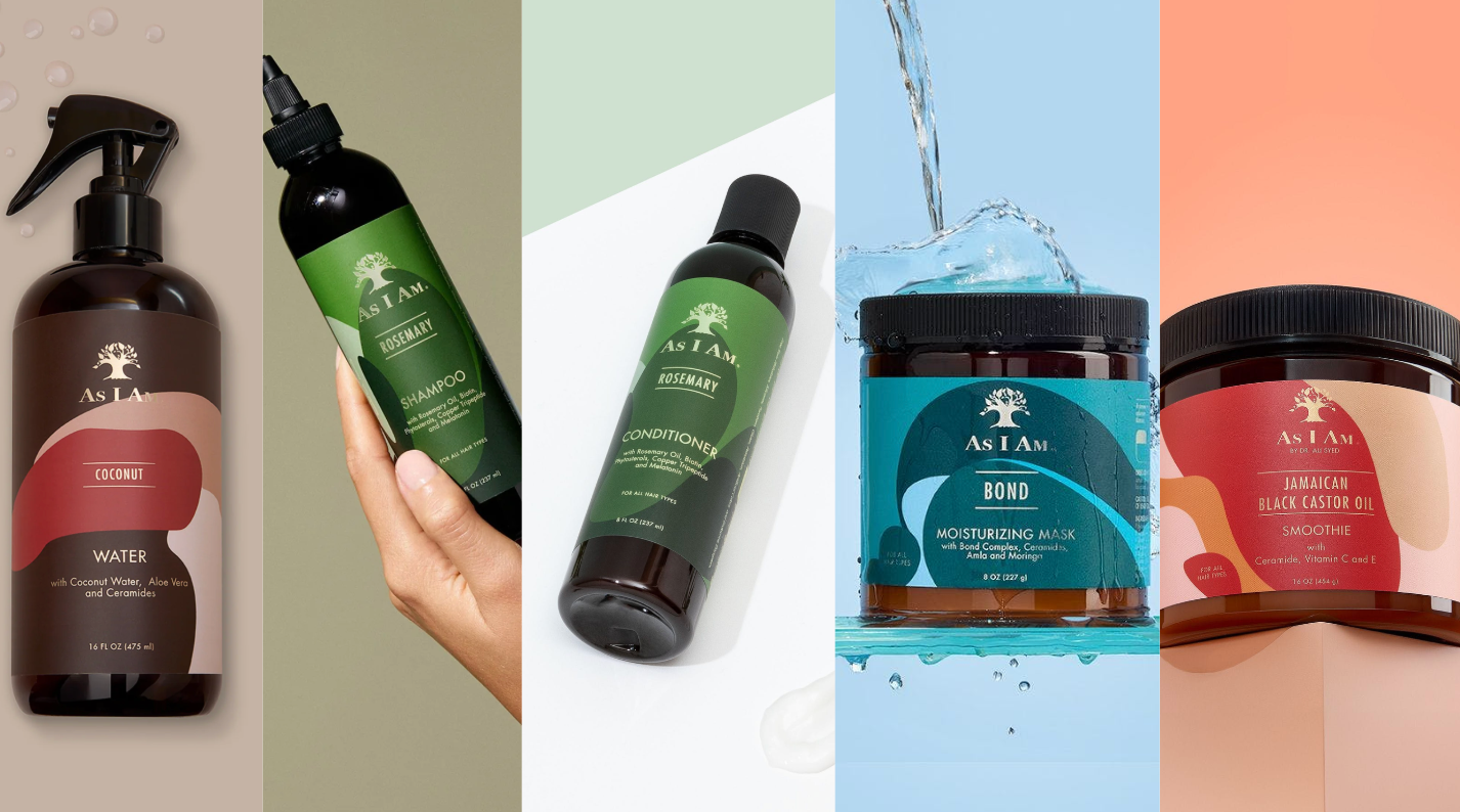 Sammlung von Haarpflegeprodukten, darunter Flaschen und Tiegel, vor einem Collagenhintergrund.