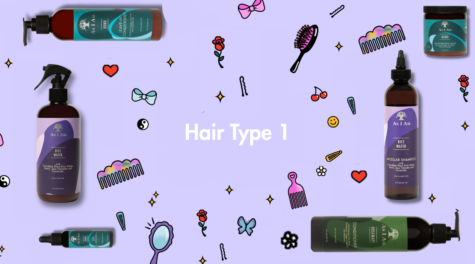 Kollektion von Haarpflegeprodukten mit Illustrationen auf violettem Hintergrund