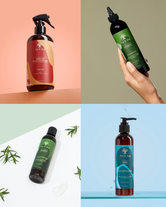 Vier verschiedene Flaschen mit Produkten von „as i am“ auf einem bunten Hintergrund