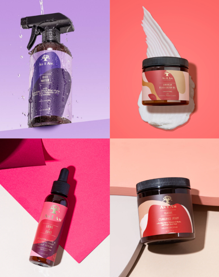 Collage von Hautpflegeprodukten mit violettem, rosa und weißem Hintergrund
