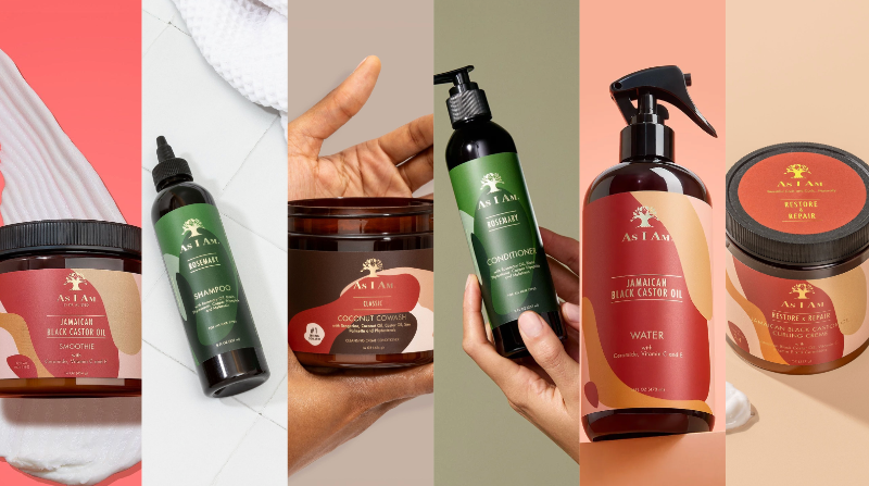 Collage von Haarpflegeprodukten der Marke „as i am“, darunter Shampoo, Conditioner und Haarmasken.