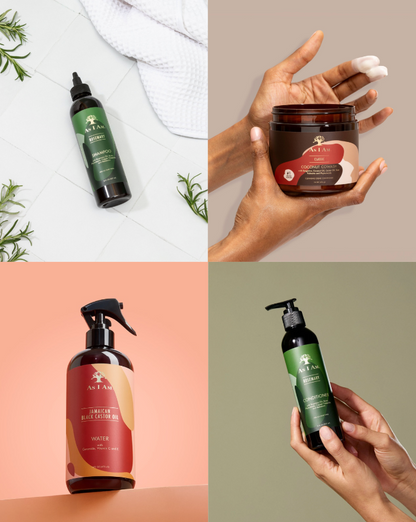 Vier Produktbilder von as i am Haarpflegeprodukten auf unterschiedlichen Hintergründen