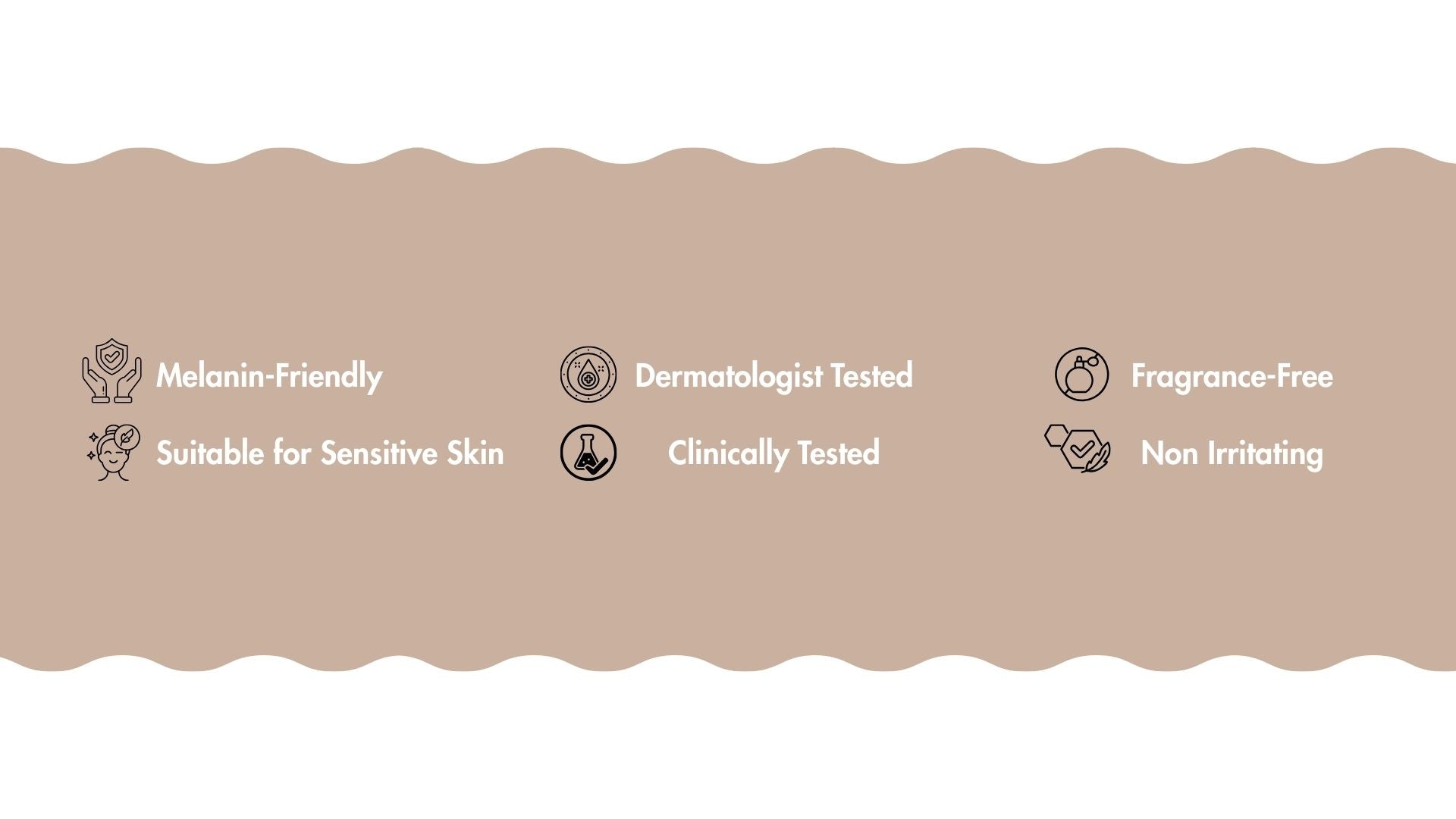 Beigefarbene Umrandung mit Symbolen und Text, die Produktmerkmale auf weißem Hintergrund anzeigen